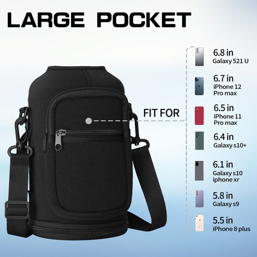 Water Bottle Sleeve with Pocket & Strap - 64 oz Insulated Water Bottles Carrier Bag with Strap, 2 Zip Pockets Neoprene Pouch, Water Jug Holder for Camping Travelling, Flask Accessory Carrying Case