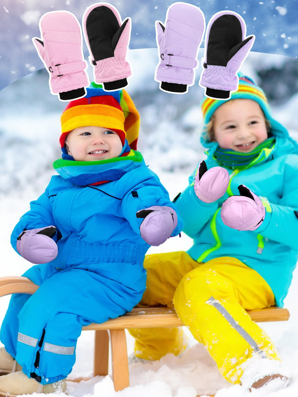 SATINIOR 2 Pairs Kids Snow Mittens Waterproof Winter Ski Gloves Warm Thicken Snow Gloves for Girls Boys (5-8 Years,Light Pink,Light Purple,2 Pairs)