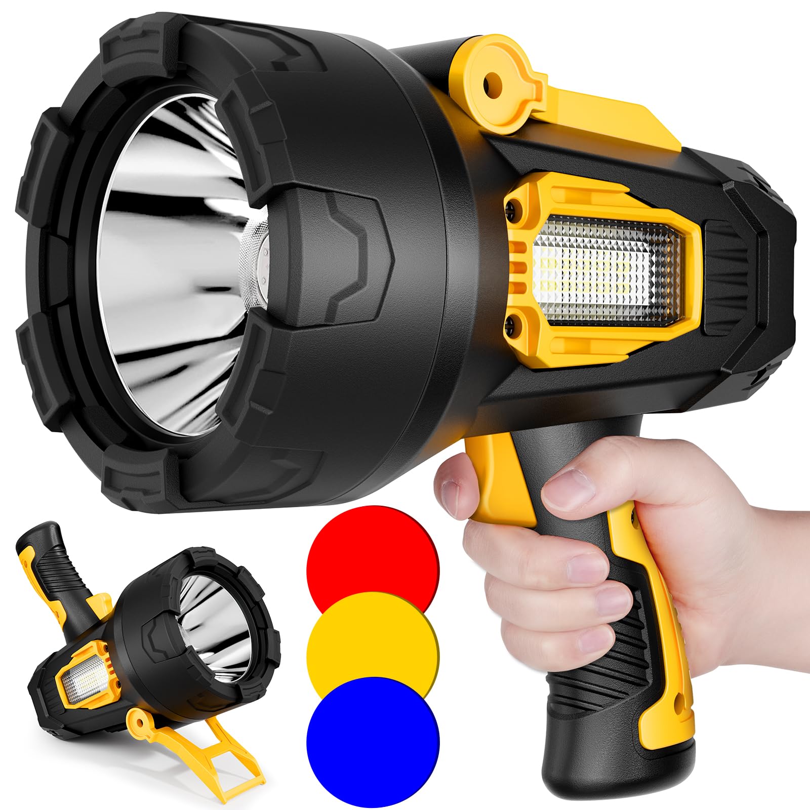 Rechargeable Spotlight, 99000 Lumens Super Bright Led Spotlights Flashlight with Cob Light & Foldable Tripod, 10000ɱAh Spot Lights Long Runtime, Handheld Spotlight for Hunting Boating Outdoor