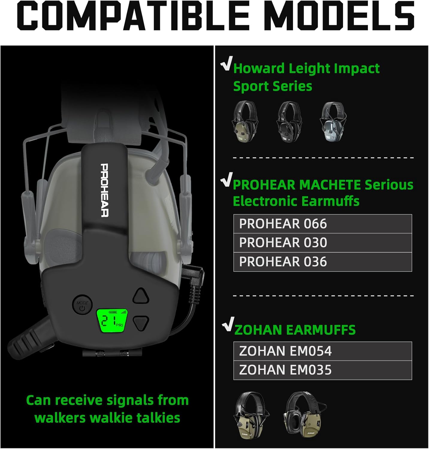 PROHEAR RH08 Walkie Talkie - Electronic Earmuffs with Rechargeable Battery for Shooting Range | Black