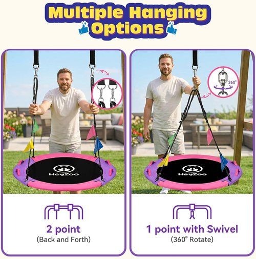 HeyZoo 43-Inch Saucer Swing - 900lbs Capacity with 360° Swivel & Adjustable Strap | Pink & Purple