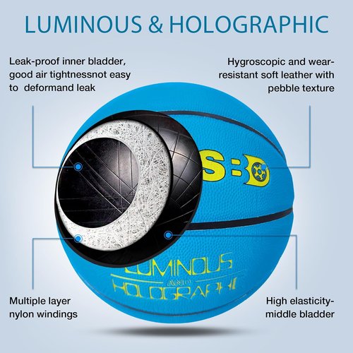 Glow In The Dark Basketball - Luminous Blue PU Leather Ball with Pump & Bag | Sizes 5, 6, 7