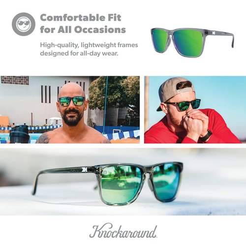 Knockaround Fast Lanes Sport - Polarized Running Sunglasses for Women & Men - Impact Resistant Lenses & Full UV400 Protection, Clear Grey Frame/Green Reflective Lenses