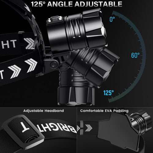 FINICO Rechargeable LED Headlamp 99000 High Lumens, 95 Hours Long Lasting Head Light with Zoomable & IPX7 Waterproof & 12 Modes & 125° Adjustable, Powerful Head Lamp for Outdoor (2 Pack)