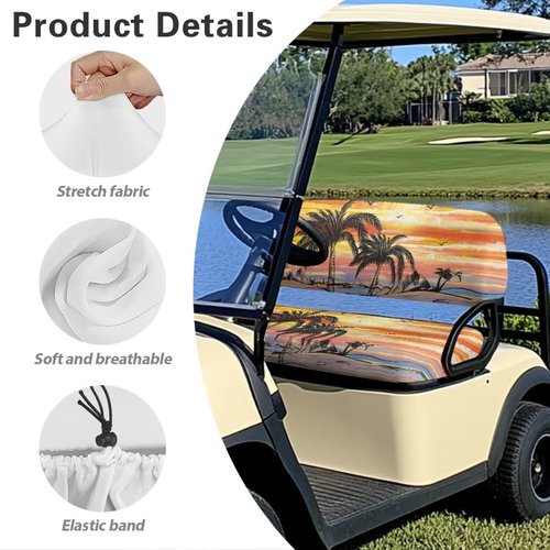 Renewold Women Men Golf Cart Seat Towel Blanket and Backrest Cover 2 Pack Set Elastic Cushion Covers Universal Fit Most 2 Person Seats Decor Accessories Coconut Tree Sunset Birds