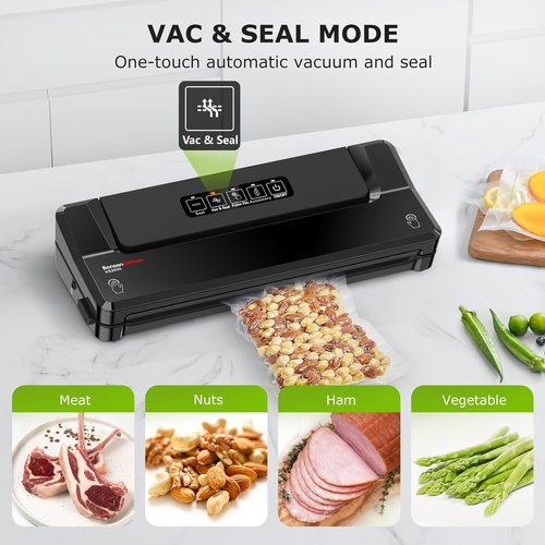 Bonsenkitchen Vacuum Sealer Machine - Compact Food Sealer for Meal Prep & Storage | 5 Bags Included, Black
