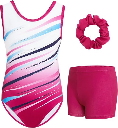 Gogokids Gymnastics Leotards for Girls Sparkly Rhinestone Dance Unitard with Shorts & Hair Scrunchie Activewear for 3–12Y