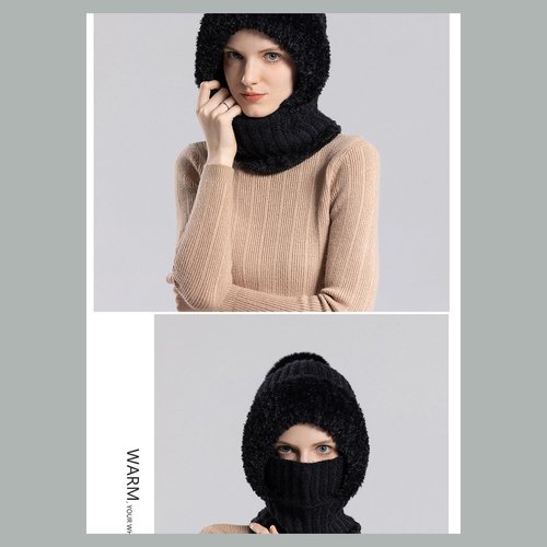 Lyfange 3 in 1 Beanie Hat with Scarf and Mask Winter Hat for Women Men Warm Knit Balaclava Scarf Black