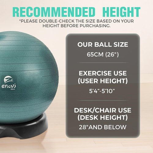 ENOVI EasyBalance Exercise Ball, Yoga Ball, with Base & Pump Set, 65cm, Pineneedle Green