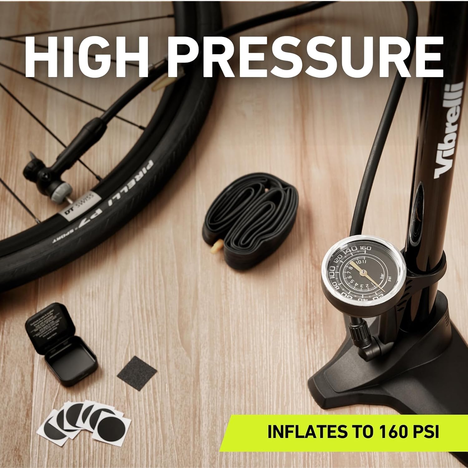 Vibrelli Bike Floor Pump with Gauge - High Pressure 160 PSI | Presta & Schrader Valve Compatibility