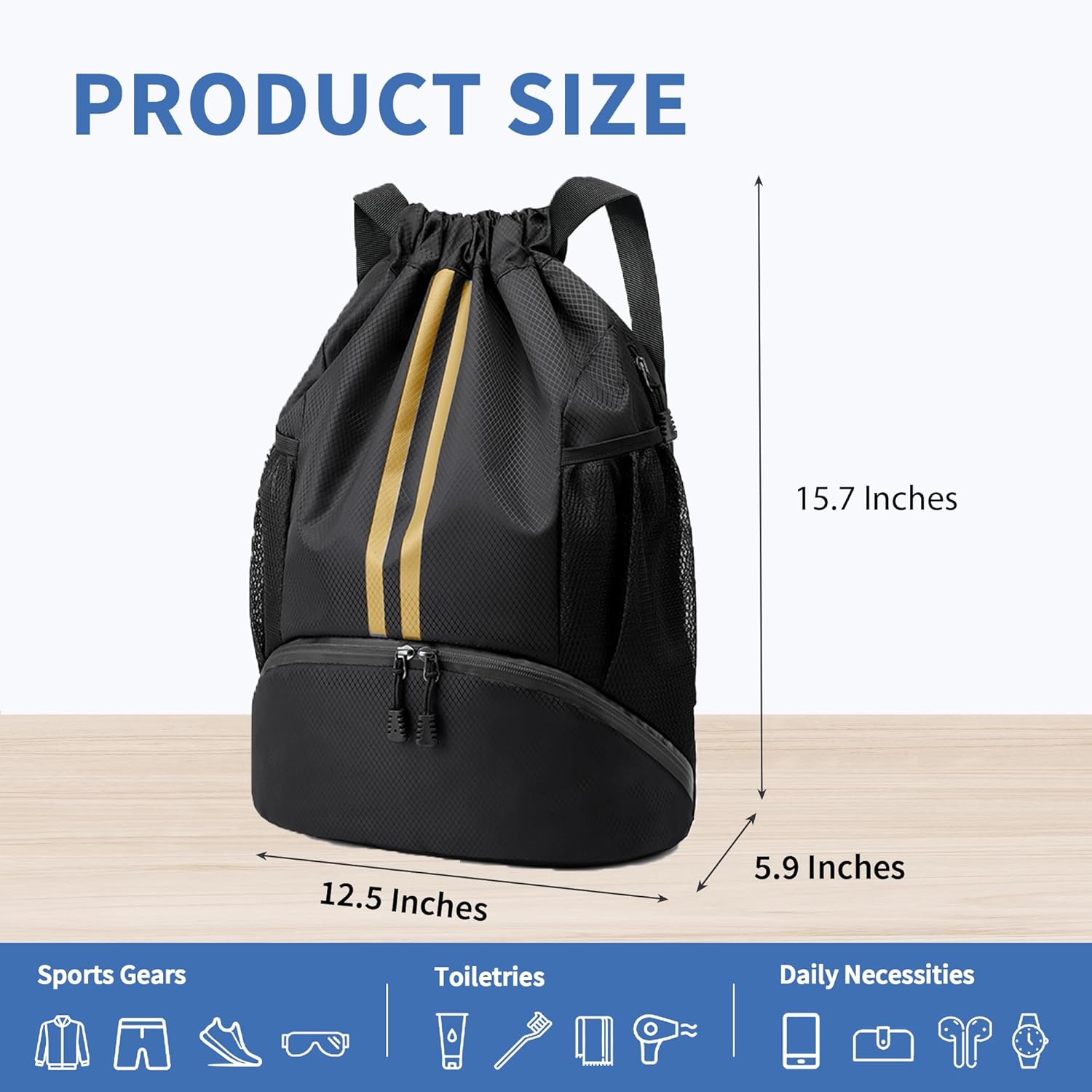 Skiennix Drawstring Backpack Gym Bag - Water-Resistant with Shoe Compartment | Black & Gold