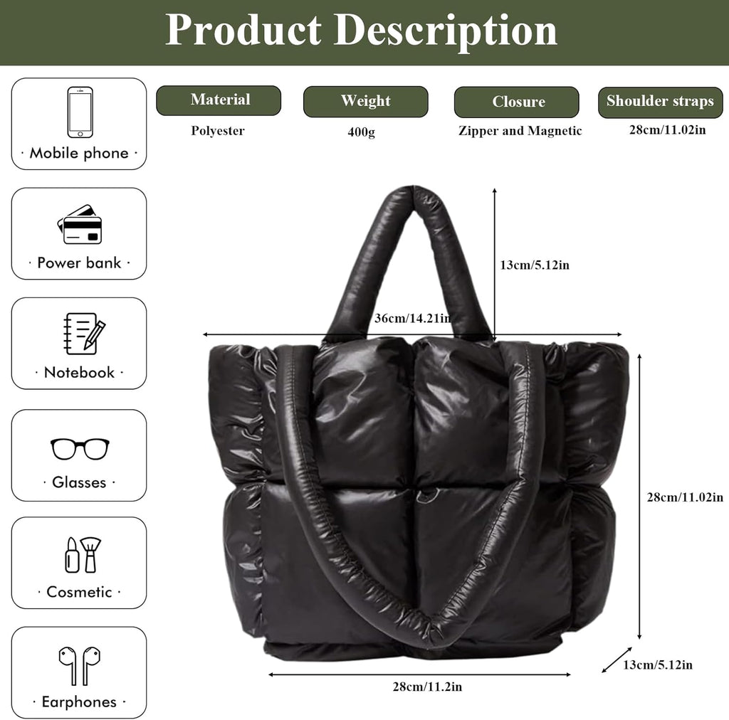 Skiennix Puffer Tote Bag - Soft, Quilted Winter Handbag for Women | Lightweight Cotton Design
