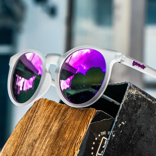 Goodr Polarized Round Sunglasses - Clear Translucent Frame with Purple Mirrored Lenses | UV400 Protection, Small Size