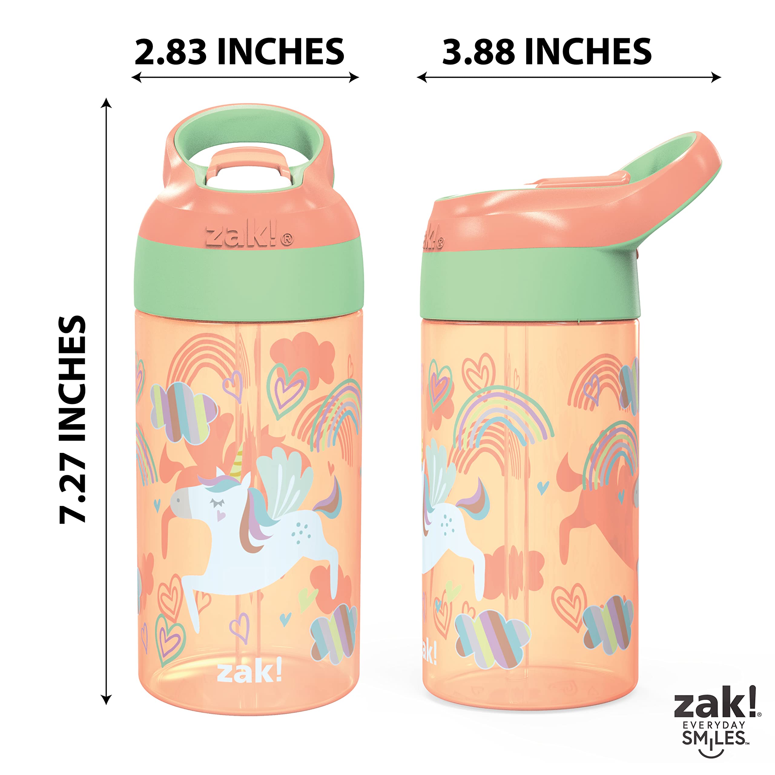 Zak Designs 16oz Riverside Kids Water Bottle with Spout Cover and Built-in Carrying Loop, Made of Durable Plastic, Leak-Proof Water Bottle Design for Travel (Unicorn & Shells, Pack of 2)