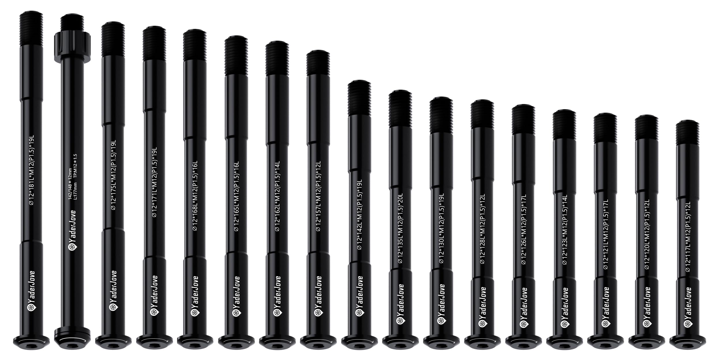 YaderJove Bicycle Thru Axle Adapter - Bike Hub Thru-axle for Bike Forks and Rear Shock, Thread Pitch: 1.5mm, Length: 12mm x117/120/121/123/126/128/130/135/142/157/162/165/168/171/175/177/181mm