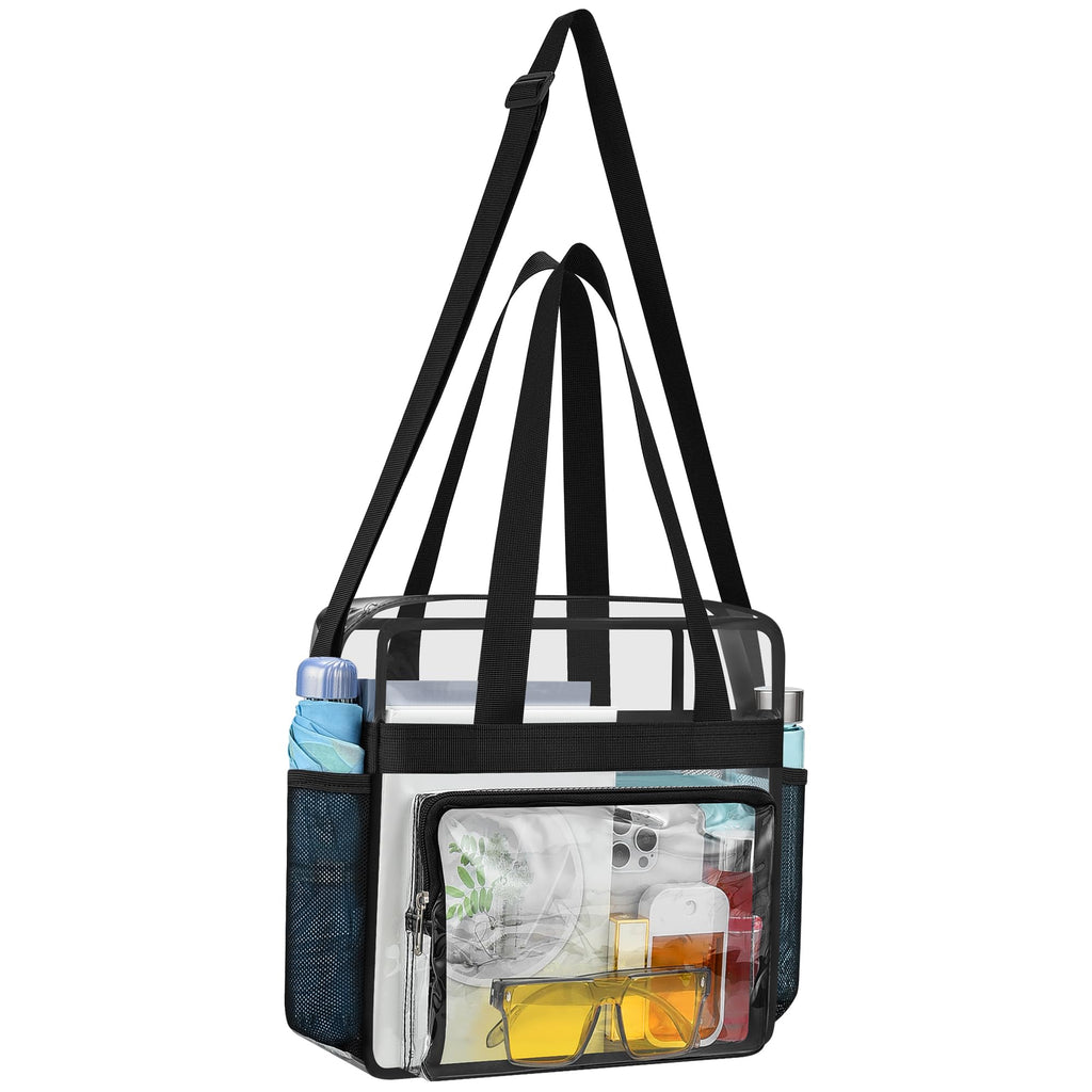 XCU Clear Bag for Stadium Events Clear Tote Bag for Women & Men 12x6x12 Clear Stadium Bag with Zipper Pocket Lunch Bags for Work Sports Games Concert Gym, Black