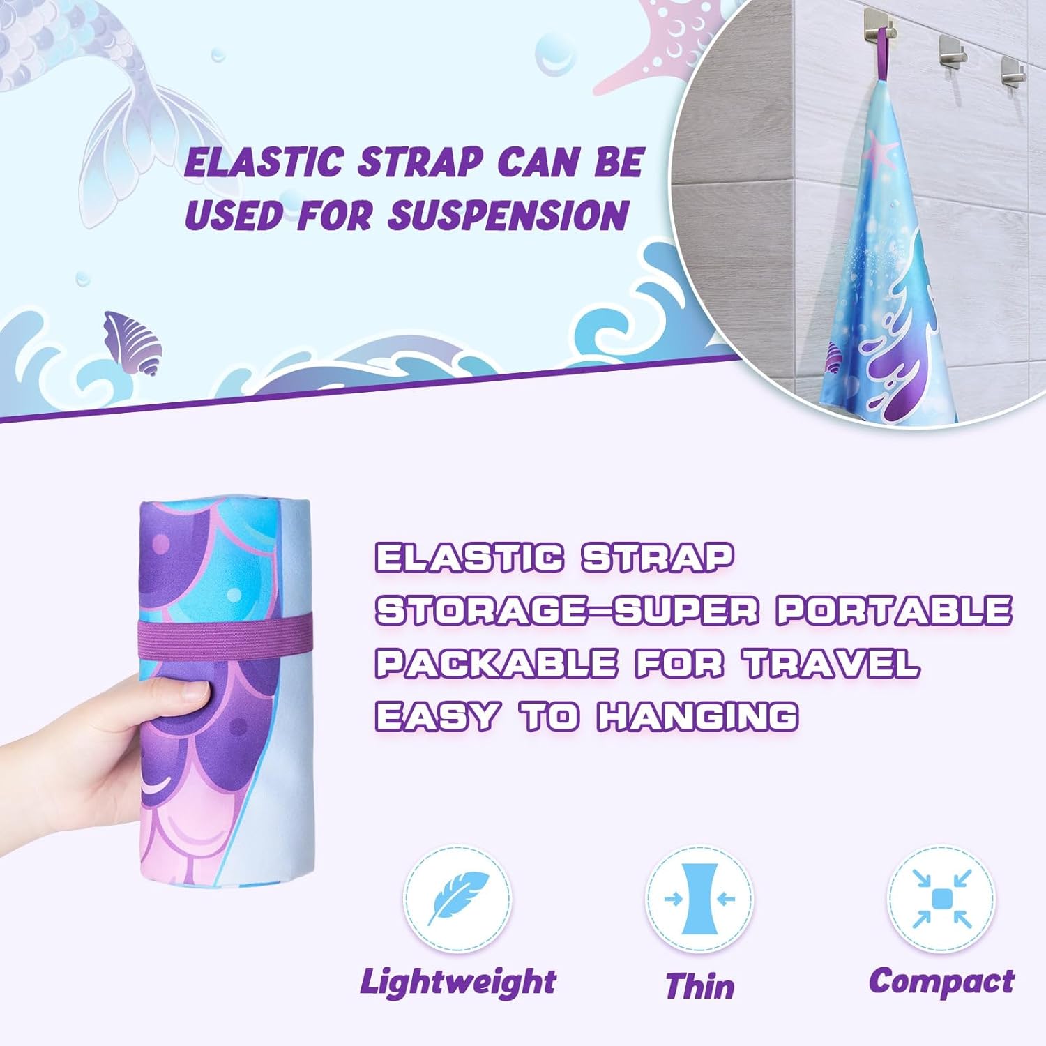 WERNNSAI Mermaid Kids Beach Towel - Double-Sided, Quick Dry, Ultra Absorbent | 30” x 60” Soft Swim Towel