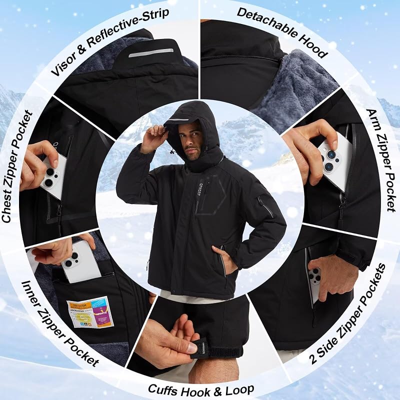 QPNGRP Men's Ski Jacket Winter Coat, Black, 3X-Large