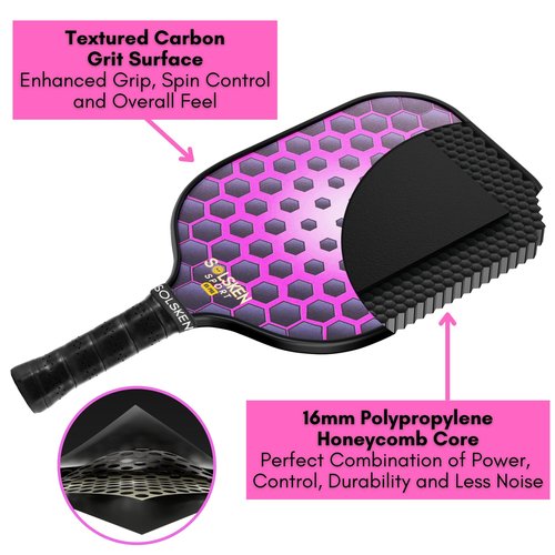 Solsken Sport Pickleball Paddle I Carbon Fiber Pickleball Paddle I Pink Pickleball Paddle I Non-Slip Cushion Grip I Honeycomb Core I USAPA Pickleball Paddles I Textured Face I Grit Face (Pink)