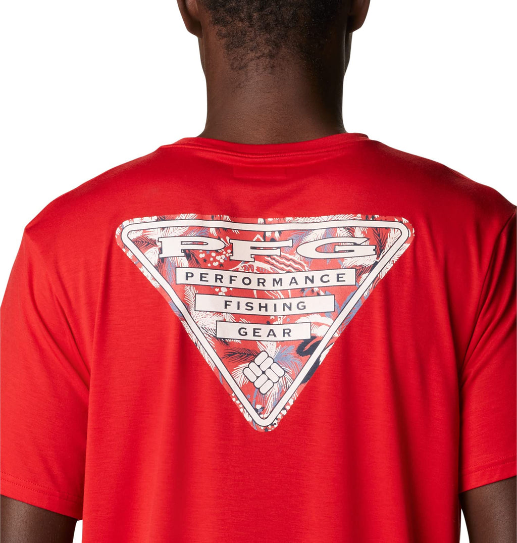 Columbia Men's PFG Triangle Fill Tech Tee Short Sleeve, Red Spark/White Fireworks, Large Tall