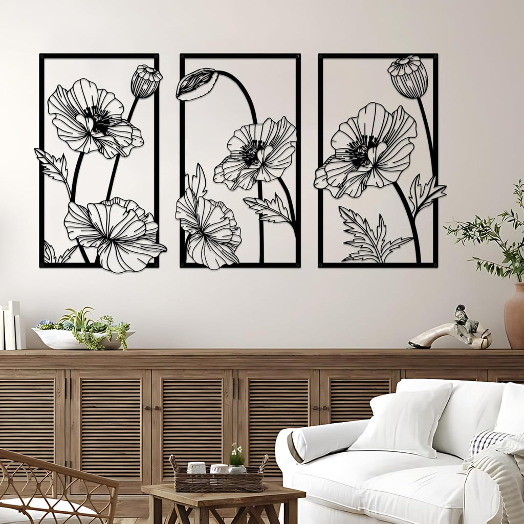 Resama Black Metal Flowers Wall Decor - Minimalist Abstract Floral Art for Bedroom, Bathroom, Kitchen
