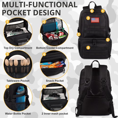 Tactical Double Deck Cooler Backpack for Men,Large Lunch Backpack with 2 Compartment,Soft Coolers Bag Water-Resistant Leak Proof Coolers Bag Beach Picnic