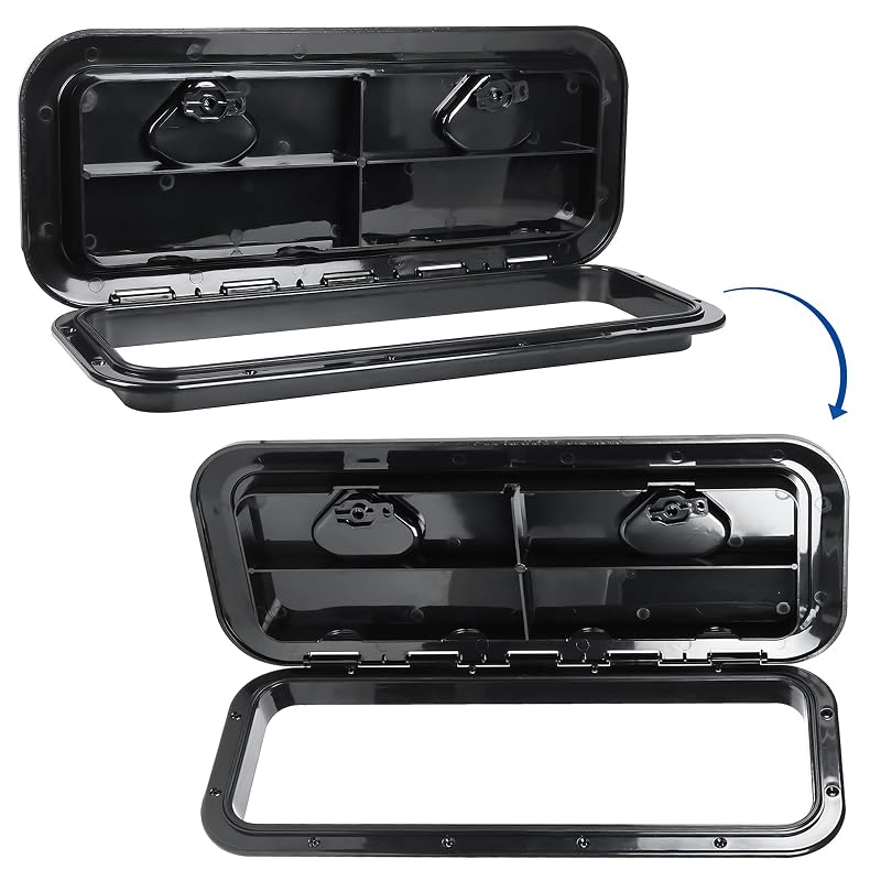 Marine Deck Access Hatch 23.9 x 9.5 in with 2 Recessed Handles – Black, 180° Hinge