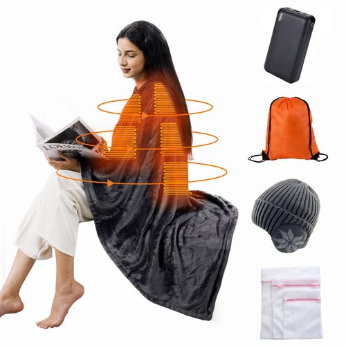 Heated Blanket with 20000mAh 22.2W Power Bank, Large 70'' x 42'', 3 Heat Levels, 11 Heating Zones, 1-6 Hour Timer, Includes Winter Hat, Storage Bag, and Laundry Bag, Portable Battery-Powered Shawl