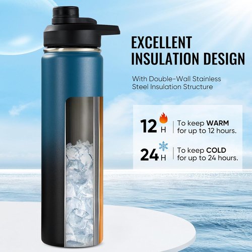 Fijinhom 24 Oz Insulated Water Bottle - Double Wall Stainless Steel, BPA Free, Blue & Black
