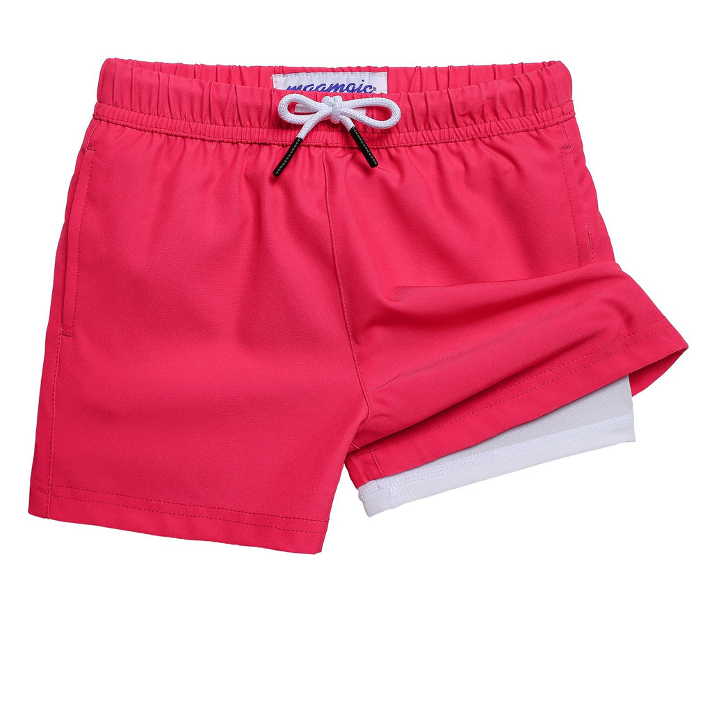 maamgic Boys Swim Trunks with Compression Liner Quick Dry Swim Shorts Anti-Chafe Boy Bathing Suit with Boxer Brief Toddler Swimsuit Raspberry Red 5/6