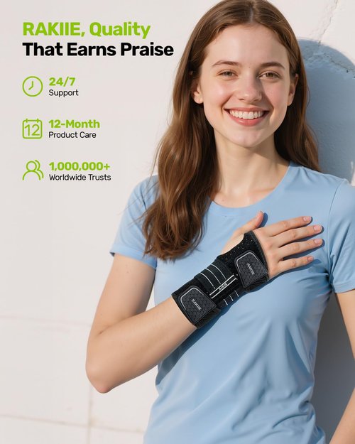 Rakiie Carpal Tunnel Wrist Brace Right Hand, Adjustable Night Wrist Support with 3 Metal Splints, Hand Brace for Men Women No Pressure on Thumb, Splint Stabilizer for Work, Arthritis, Gray Small