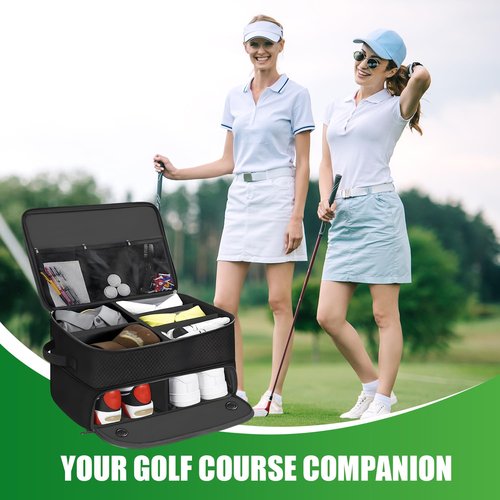 UFHUFH Golf Trunk Organizer Storage with Separate Compartment for 2 Pair Shoes Up to US Mens 16,2 Layer Golf Trunk Organizer,Waterproof Car Trunk Locker for Balls, Tees,Gifts for Golfers