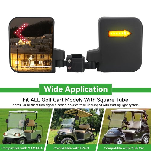 Omgro Golf Cart Side View Mirrors, Golf Cart Mirrors with Turn Signal Light, No Drilling Foldable Golf Cart Side Mirrors Compatible with Ezgo Yamaha ICON Club Car (3 Size Clips)