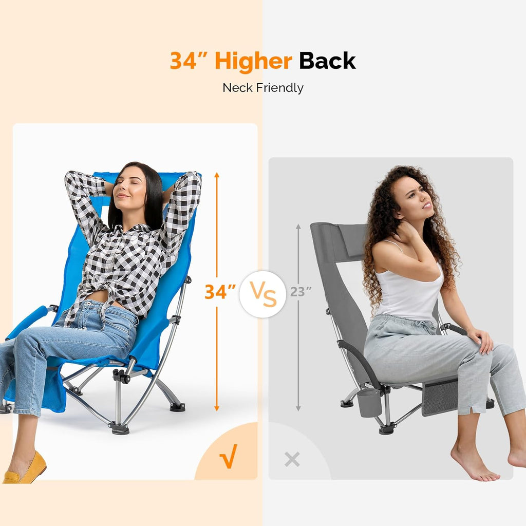 VINGLI Low Beach Chairs - High Back Portable Folding Chairs with Carry Bag | 2-Pack for Camping & Picnics