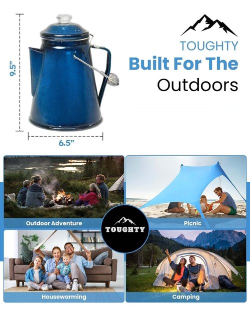 Toughty Enamel Coffee Percolator – 12-Cup Stovetop Camping Coffee Pot for Open Fire, Grill, or Gas Stove – Durable, Old-Fashioned Percolator with 2 Enamel Mugs for Outdoor Brewing - Blue