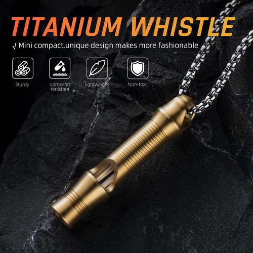 TISUR Titanium Emergency Whistle,EDC Safety Whistles Necklace Loud up to 120db,Survival Whistles for Survival,Hiking,Camping,Pets Training (Gold(1-Pack))