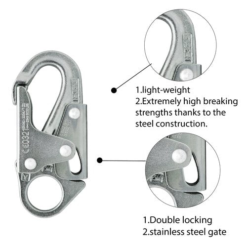 Forged Steel Snap Hook 25KN - Fusion Climb® Maxi-2 - Professional Fall Protection Snap Hook - Heavy Duty Carbon Steel - Double-Action Snap Hook for Safety, Climbing, Rappelling - OSHA
