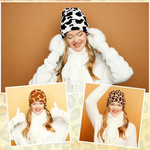 Zhamate 3 Women Men Print Beanie Hats Winter Knitted Warm Hat with Cow Leopard and Giraffe Prints Funny Gifts for Animal Lovers