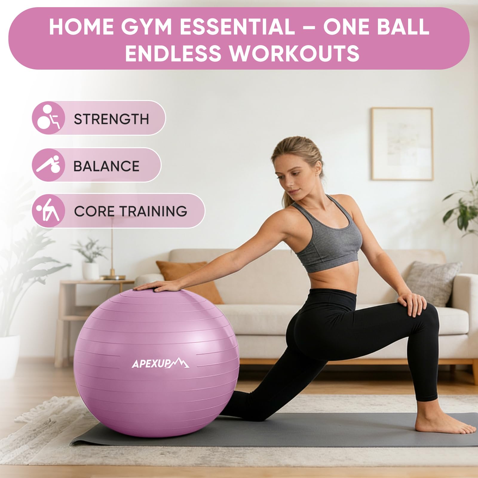 APEXUP Yoga Ball, 660 lbs Anti-Burst Exercise Ball with Pump, 5 Sizes (M (19"~22) 55cm, Fuschia)