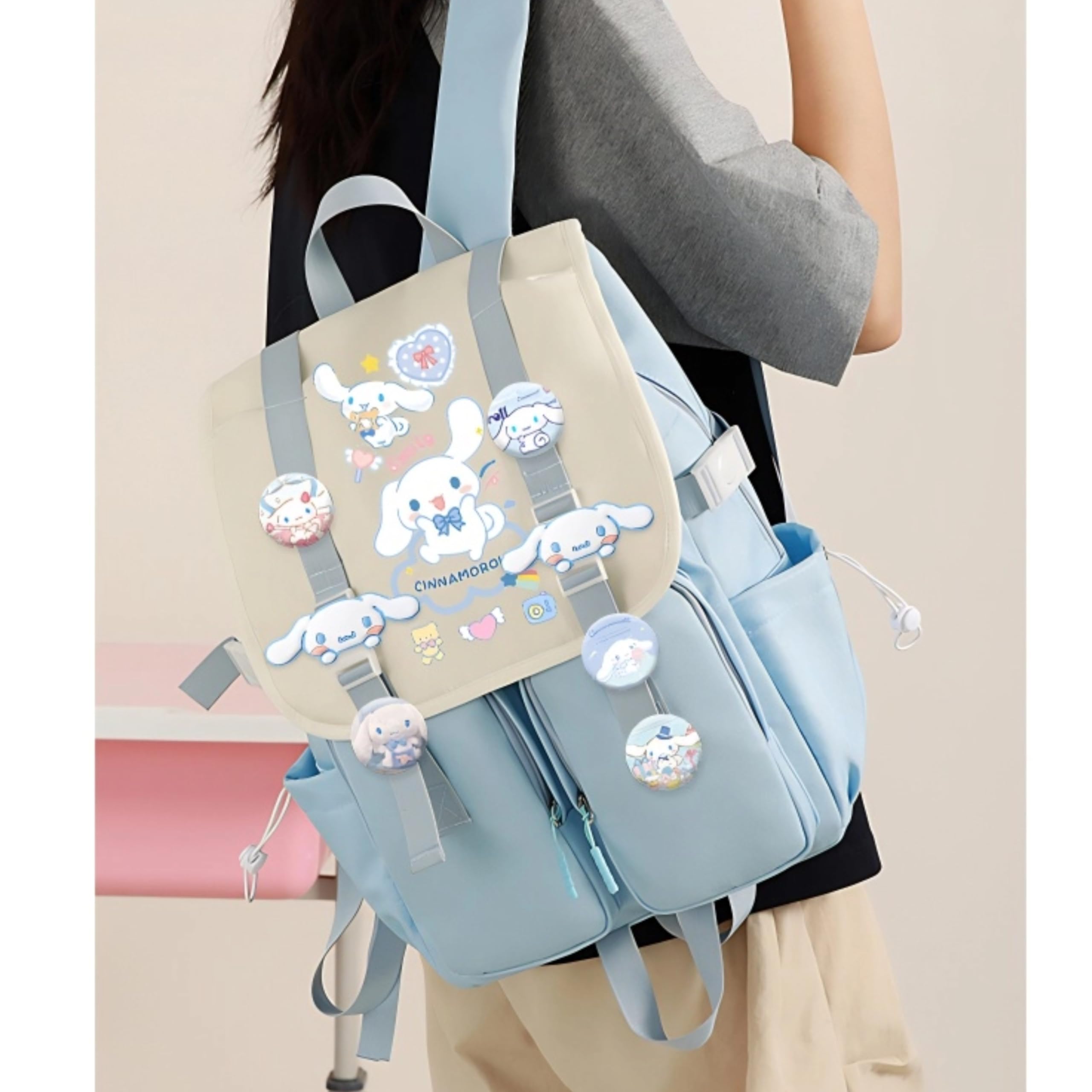 Vivixilan Kawaii Backpack with 22Pcs Accessories Anime Cartoon Anti-Theft Travel Aesthetic New Semester Gifts Bag with Cute Pin