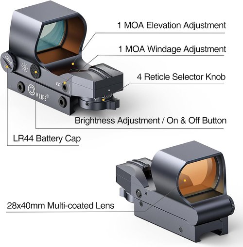 CVLIFE Red Dot Sight - 1x28x40mm Reflex Optics with 4 Adjustable Reticles for 20mm Picatinny Rail
