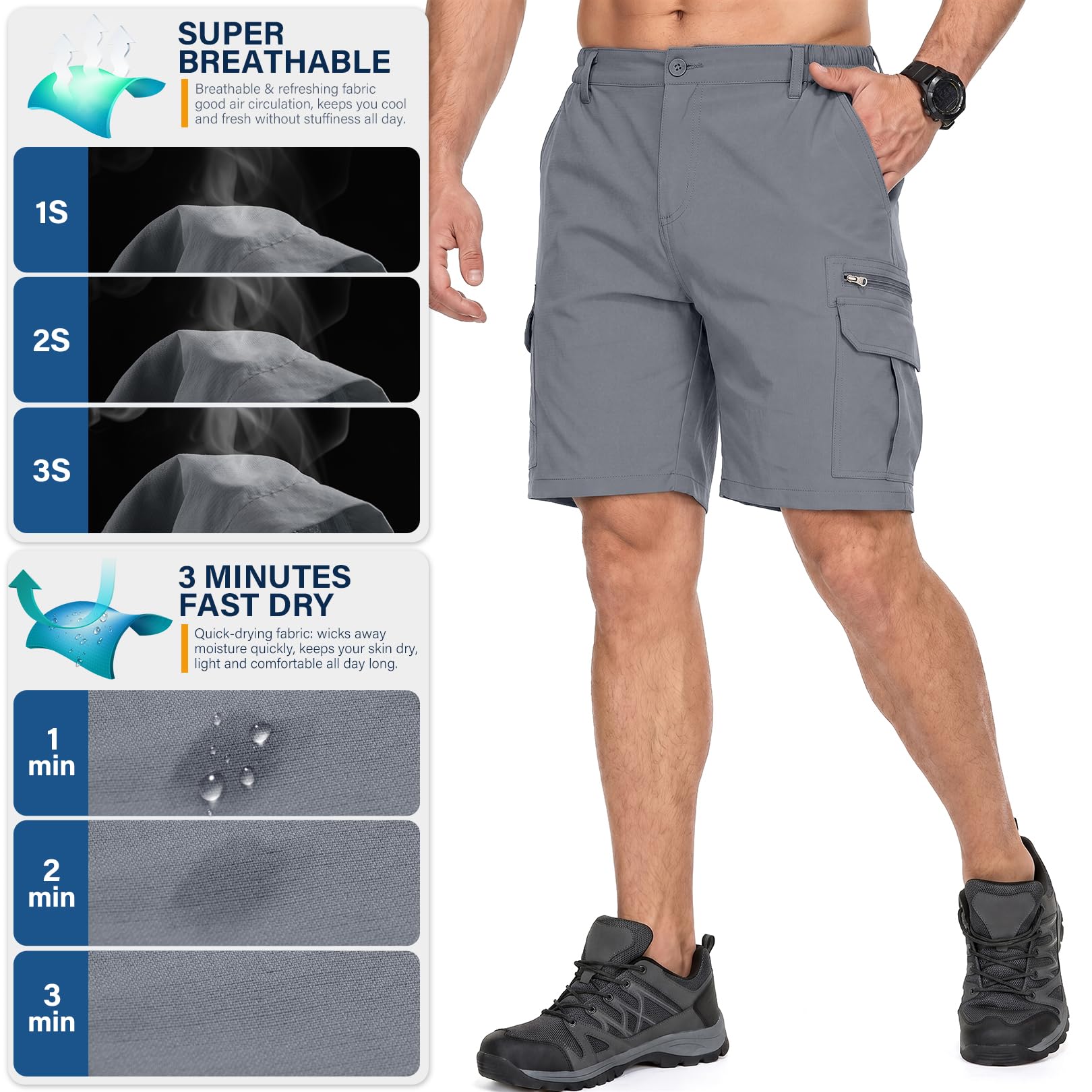 Jessie Kidden Mens Outdoor Casual Expandable Waist Lightweight Water Resistant Quick Dry Fishing Hiking Shorts (6222 Grey 10inch 44)