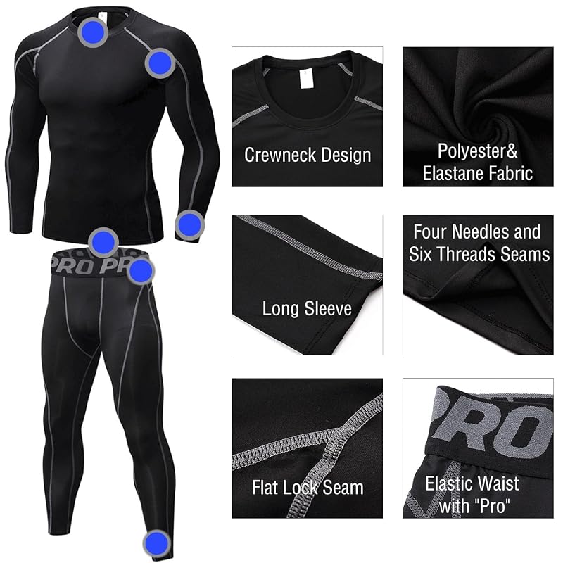 Men's Thermal Base Layer Set - Compression Shirt & Pants, 210 GSM Brushed Knit, Black, Large