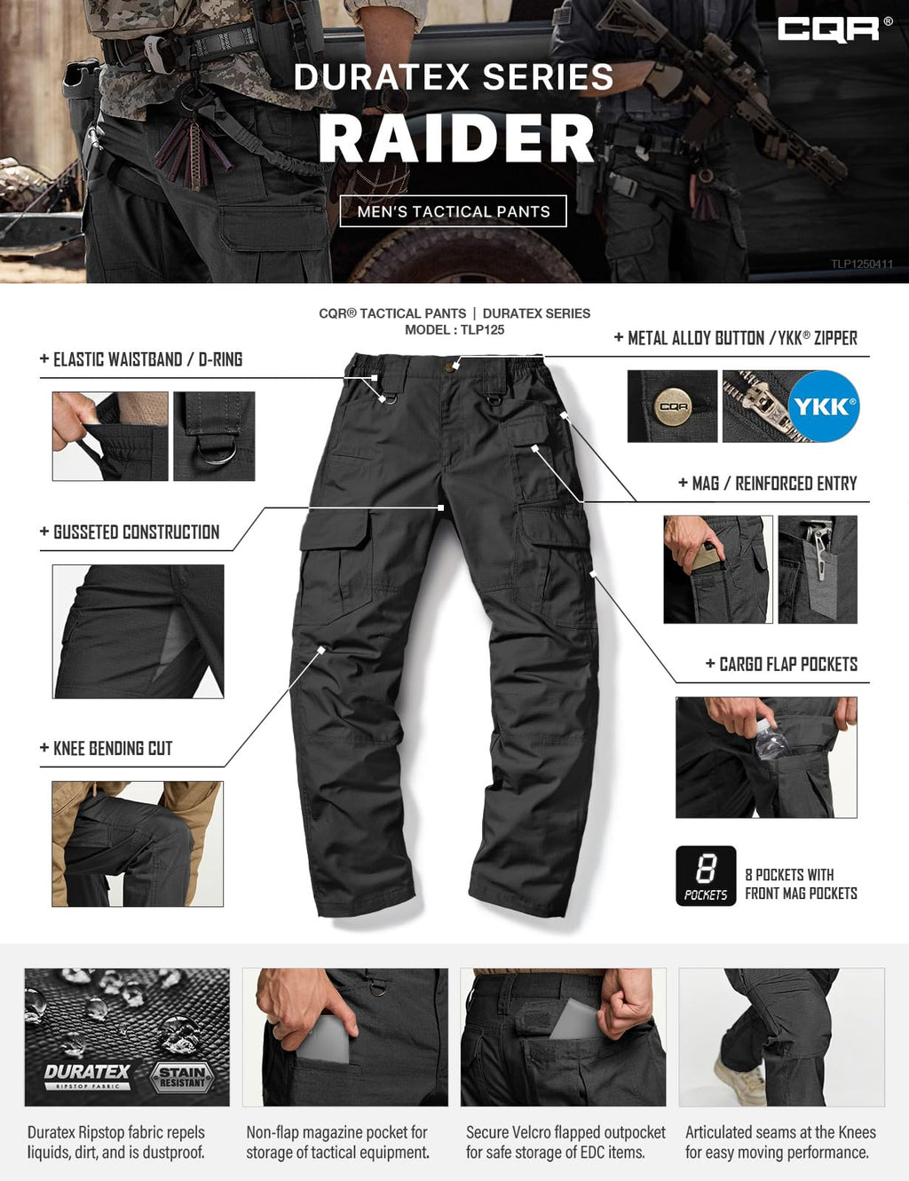 CQR Men's Tactical Pants, Water Resistant Ripstop Cargo Pants, Lightweight EDC Work Hiking Pants, Outdoor Apparel, Duratex Mag Pocket Black, 44W x 30L