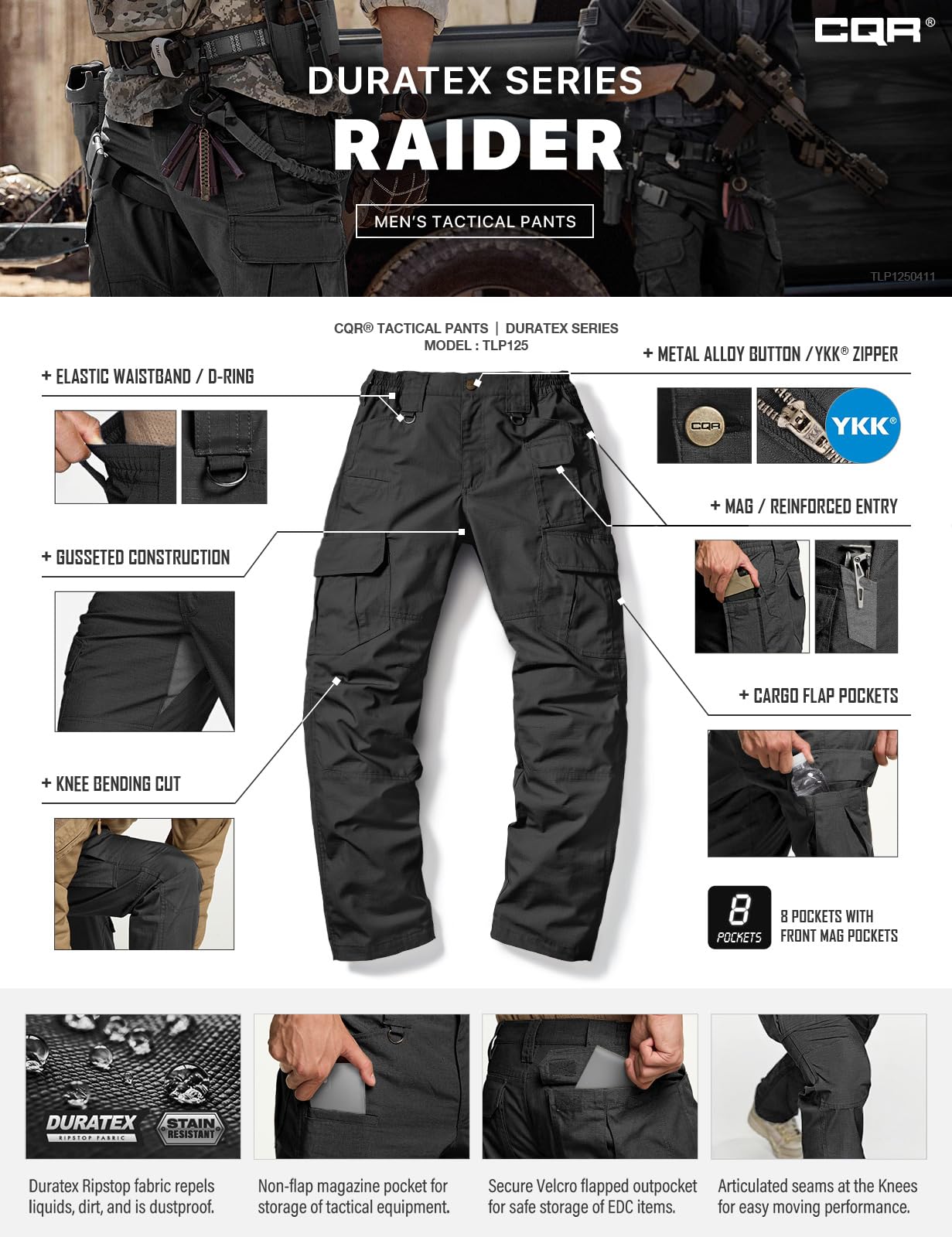 CQR Men's Tactical Pants, Water Resistant Ripstop Cargo Pants, Lightweight EDC Work Hiking Pants, Outdoor Apparel, Duratex Mag Pocket Black, 44W x 30L