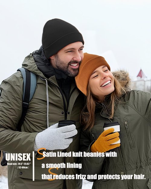 Satin Lined Knit Beanie Hat-100% Cotton Winter Hats for Women Men Silk Lining Soft Slouchy Warm Cuffed Beanies Hat
