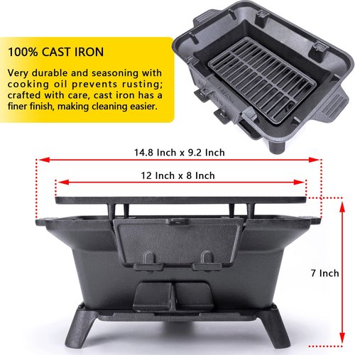 Hibachi Grill Outdoor, Portable Small Charcoal Grills, 100% Cast Iron, Mini Japanese Yakitori Tabletop Skillet Grill Stove for Outdoor Camping - Coal Door, Draft Door, Ideal for 2 People