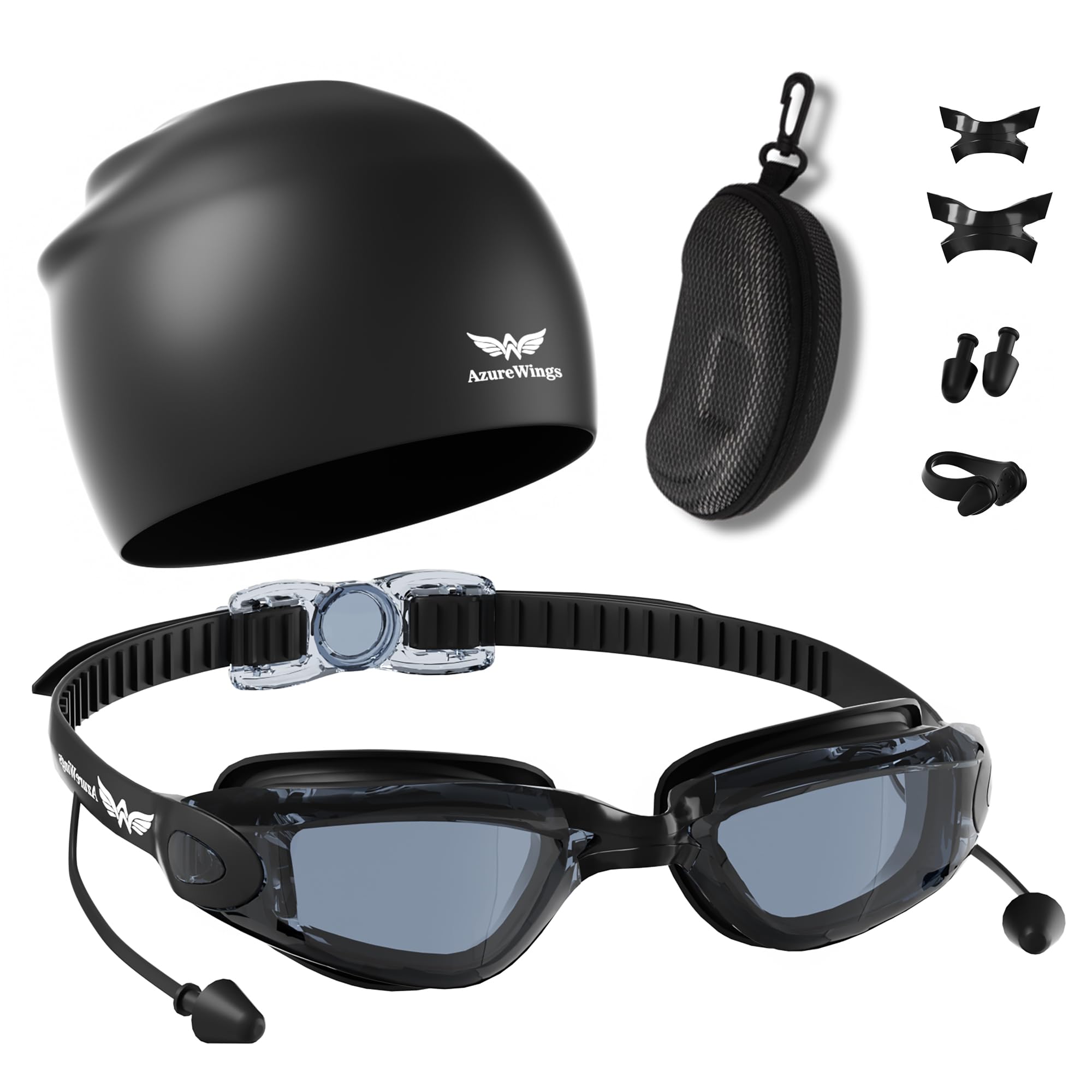 AzureWings 7 in 1 Swim Goggles + Swim Cap for Men Women,No Leak Anti-Fog & UV, Wide Visio HD Mirror PC Lens