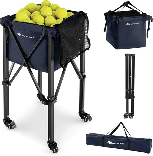 Goplus Foldable Tennis Ball Hopper - Lightweight Aluminum Basket with Wheels & Removable Bag | Holds 150 Balls