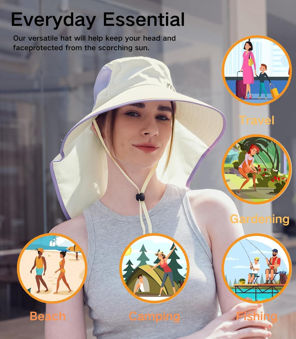 Skiennix UV Sun Protection Hat - Foldable Wide Brim with Neck Flap & Ponytail Hole for Women